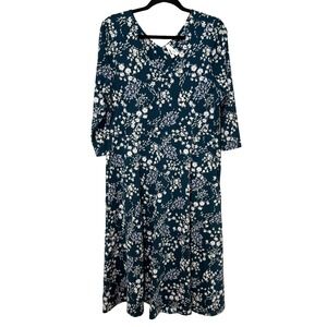Pact‎ V-Neck Midi Dress Organic Cotton Dark Teal Blue Floral Size XL